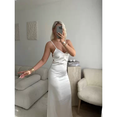 Saten İnce Askılı Maxi Elbise - BEYAZ
