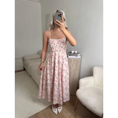 Smock Sırt Detaylı Çiçekli Elbise - AÇIK PUDRA