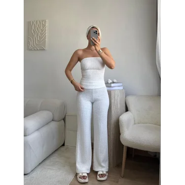 Straplez Crop & Pantolon Takım - BEYAZ