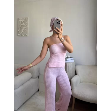 Straplez Crop & Pantolon Takım - PEMBE