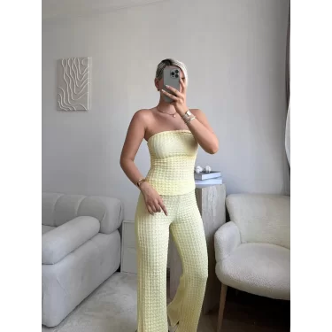 Straplez Crop & Pantolon Takım - SARI