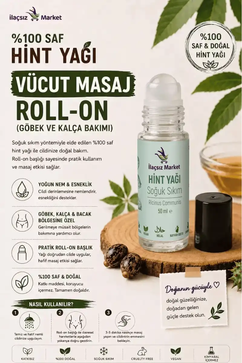 %100 Saf Hint Yağı Vücut Masaj Roll-On (Göbek ve Kalça Bakımı) - 50 CC