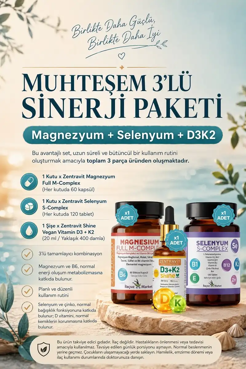 3lü Sinerji Paketi: Magnezyum M-Complex + Selenyum S-Complex + Vegan D3K2