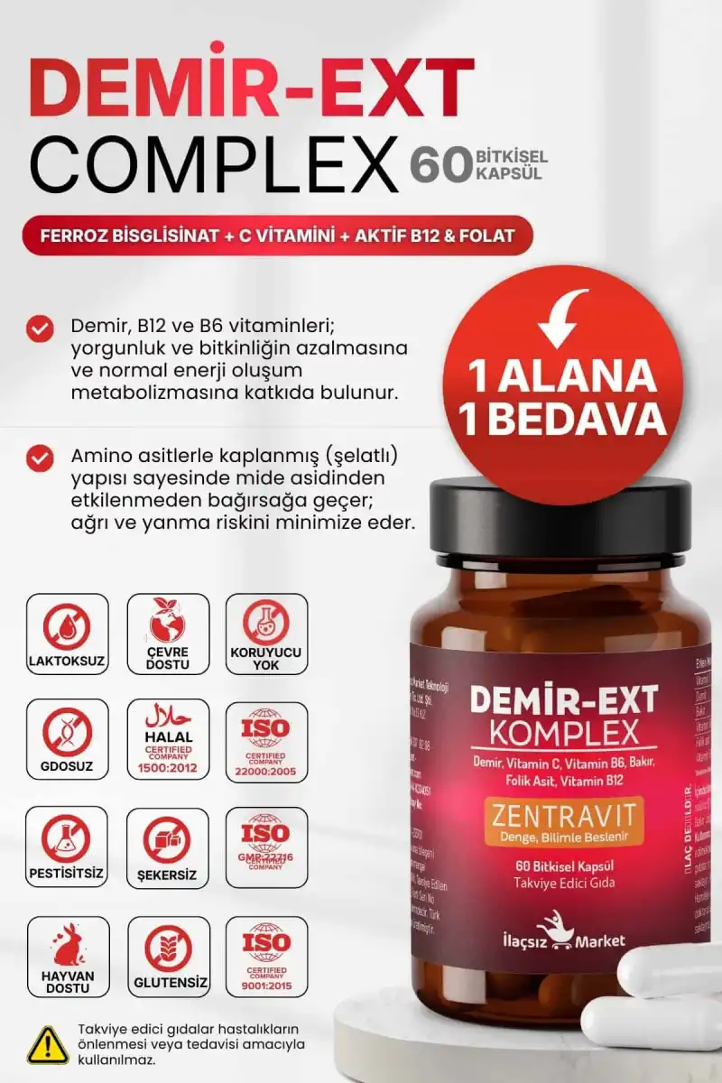 DEMİR-EXT KOMPLEX (Ferroz Bisglisinat) 60 Bitkisel Kapsül