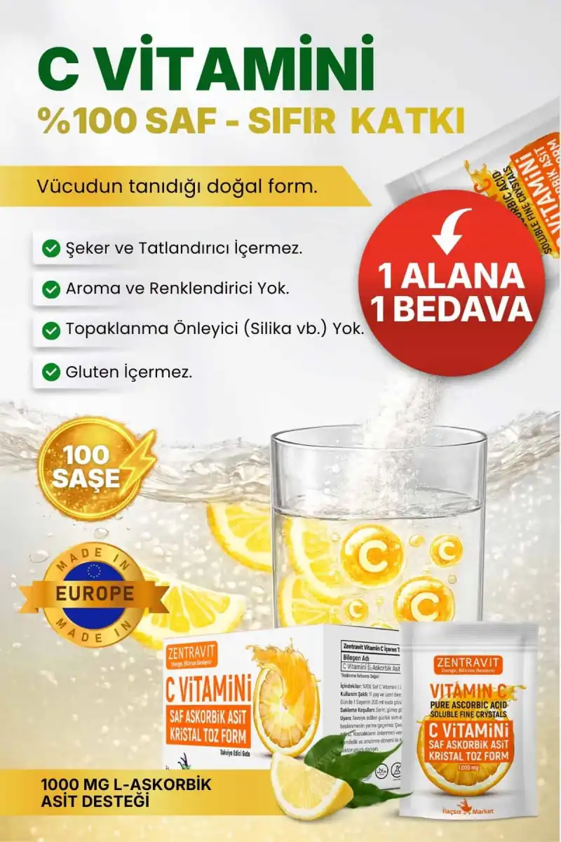 Zentravit %100 Saf C Vitamini (L-Askorbik Asit) Saşe Form 1 Alana 1 Bedava