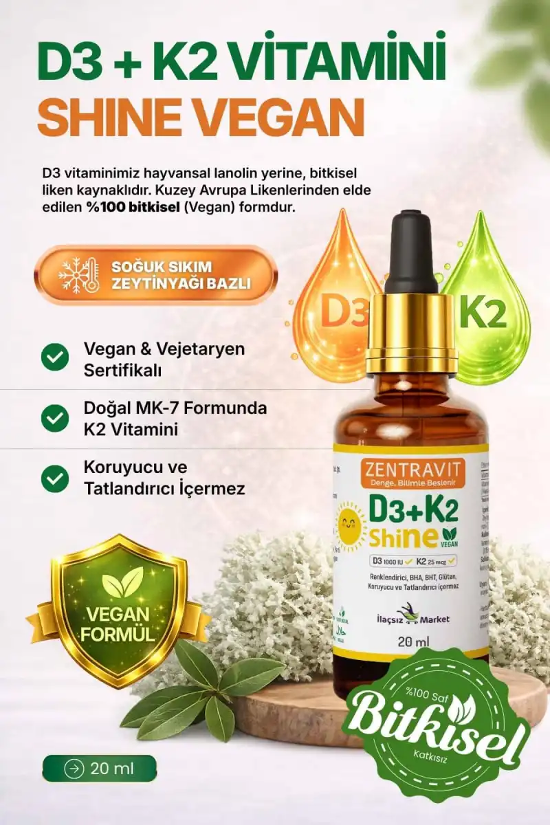 D3+K2 Shine Vegan Vitamin (Liken Kaynaklı) – %100 Bitkisel / 20 ml