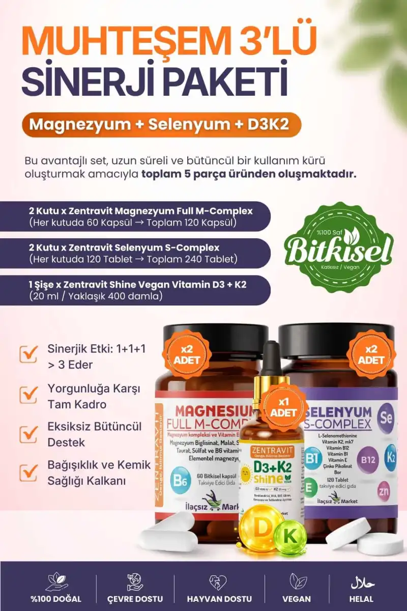 3lü Sinerji Paketi: Magnezyum M-Complex + Selenyum S-Complex + Vegan D3K2