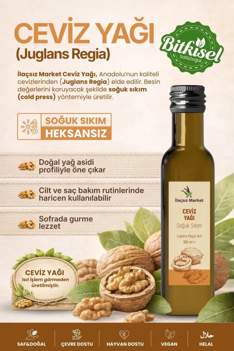 CEVİZ YAĞI SOĞUK SIKIM (Juglans Regia) – %100 Saf & Doğal – 100 ml