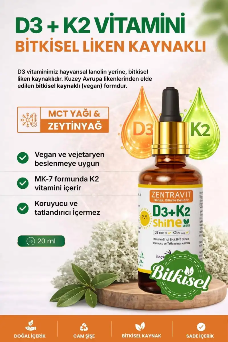 D3+K2 Shine Vegan Vitamin (Liken Kaynaklı) – %100 Bitkisel / 20 ml