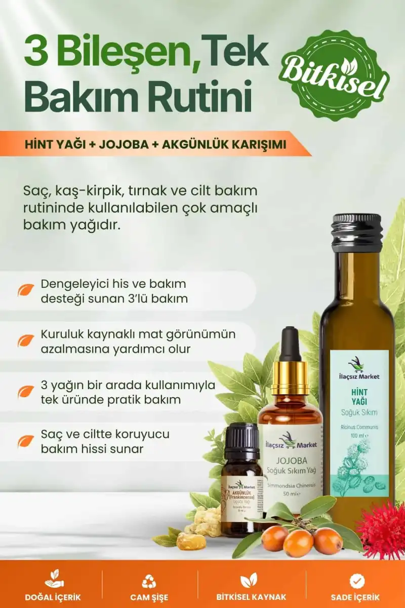 3’lü Sinerji Bakım Seti: Hint Yağı + Jojoba + Akgünlük (%100 Saf & Soğuk Sıkım)