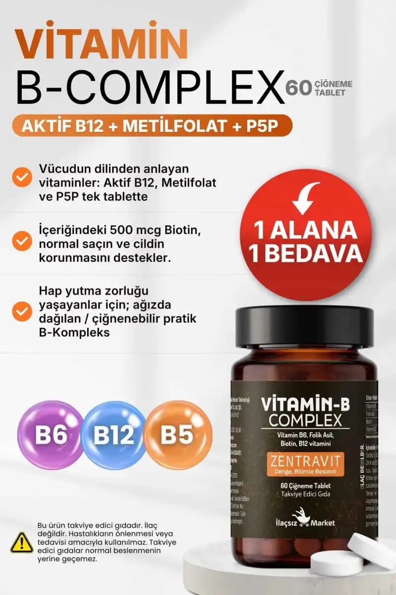B COMPLEX VİTAMİN (Aktif B12 + Metilfolat + P5P + Biotin + B5) / 60 Çiğneme Tableti