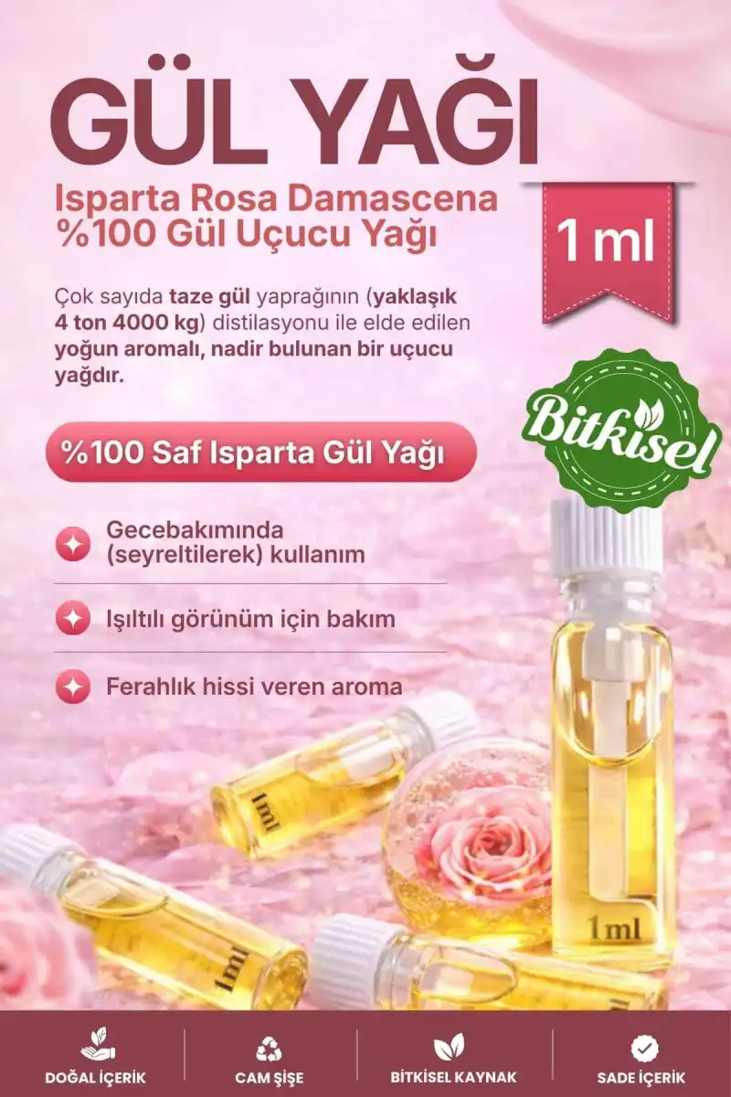 GÜL YAĞI (Rosa Damascena) – %100 Saf & Seyreltilmemiş Uçucu Yağ – 1 ml
