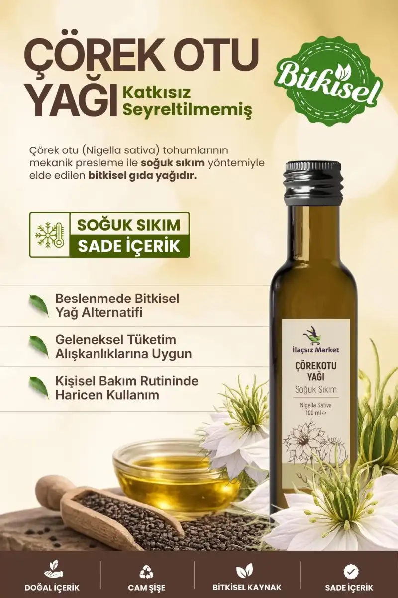ÇÖREK OTU YAĞI SOĞUK SIKIM (Nigella Sativa) – %100 Saf & Doğal / 100 ml