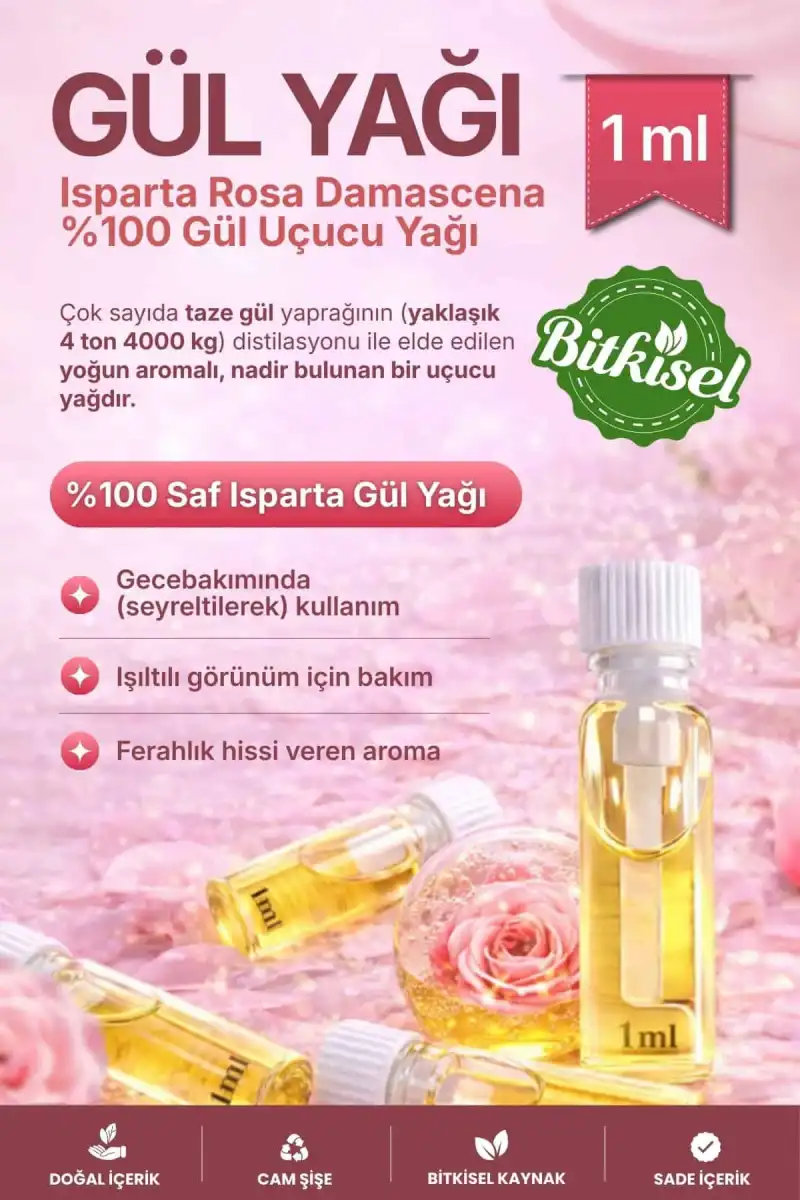 GÜL YAĞI (Rosa Damascena) – %100 Saf & Seyreltilmemiş Uçucu Yağ – 1 ml