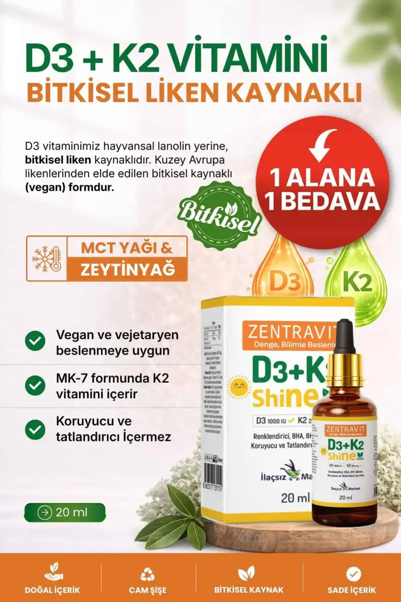D3+K2 Vegan (Liken Kaynaklı) – %100 Bitkisel / 20 ml 1 ALANA 1 BEDAVA