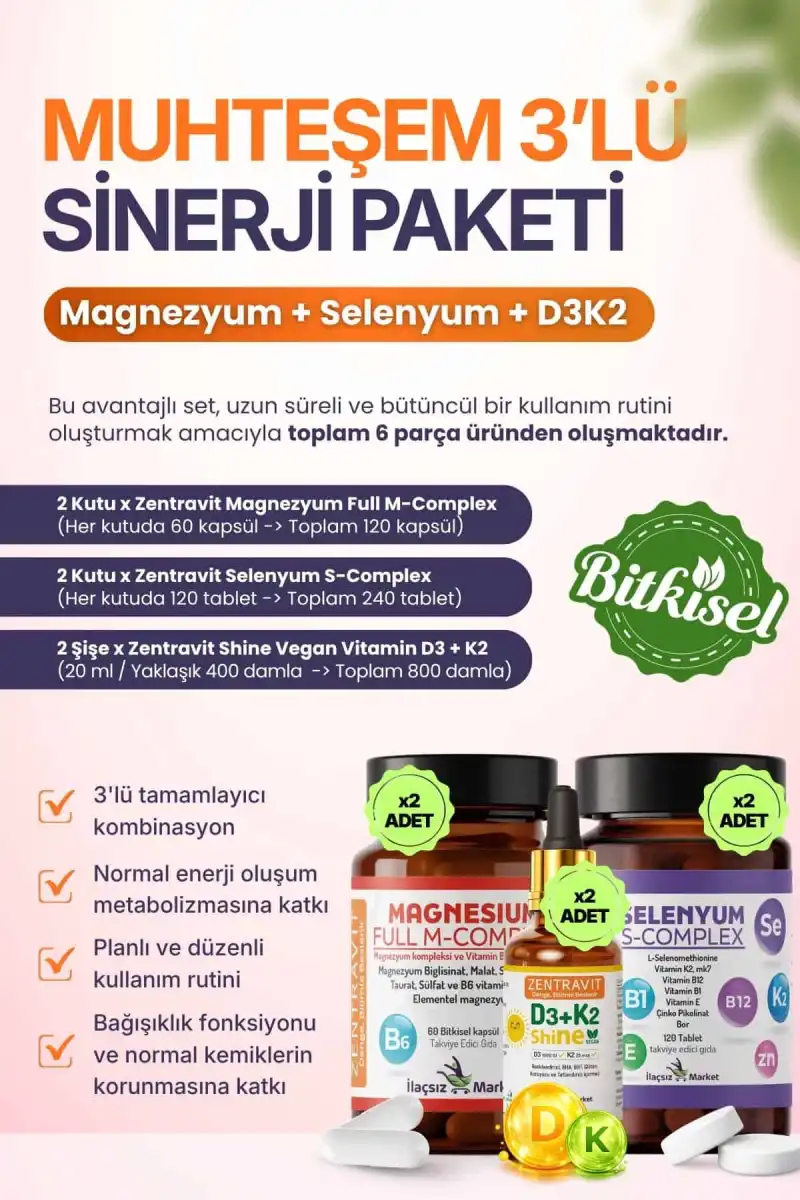 3lü Sinerji Paketi: Magnezyum M-Complex + Selenyum S-Complex + Vegan D3K2