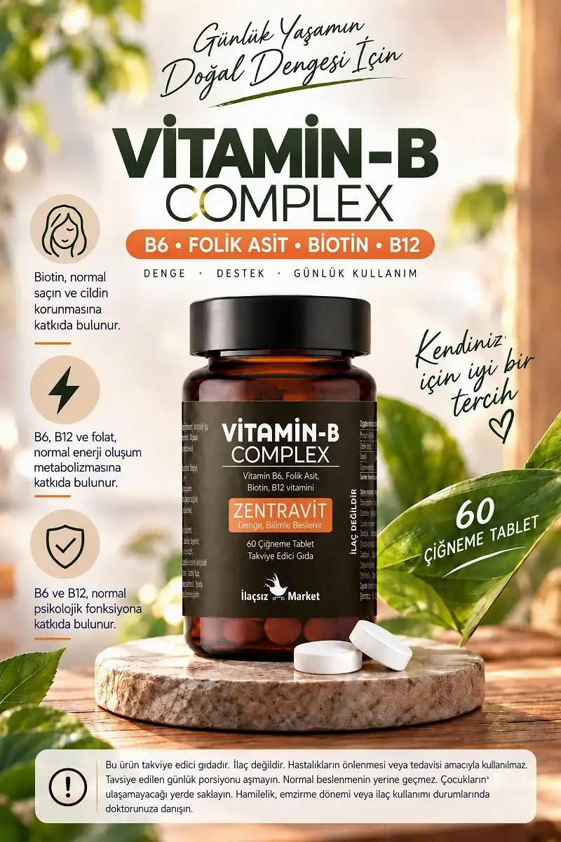 B-Complex Vitamin (Aktif B12 + Metilfolat + P5P + Biotin + B5) / 60 Çiğneme Tableti / %50 İNDİRİM