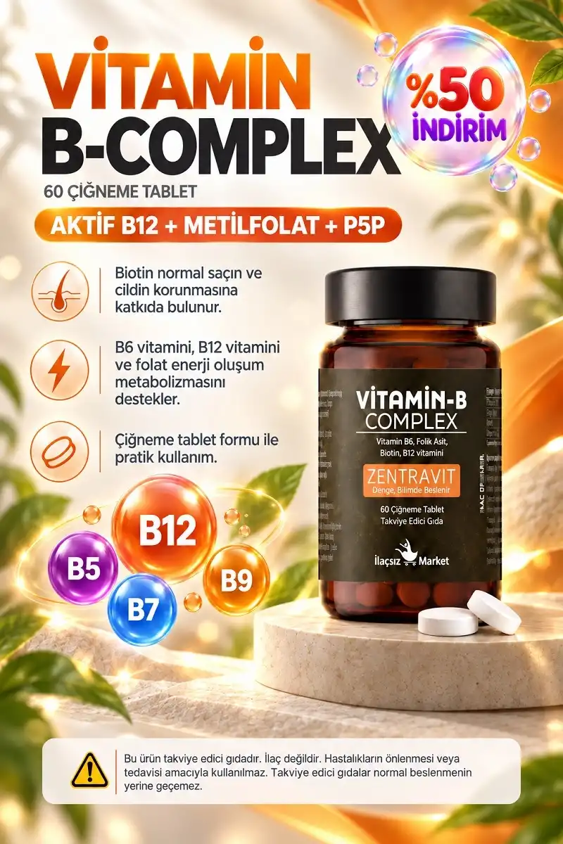 B-Complex Vitamin (Aktif B12 + Metilfolat + P5P + Biotin + B5) / 60 Çiğneme Tableti / %50 İNDİRİM