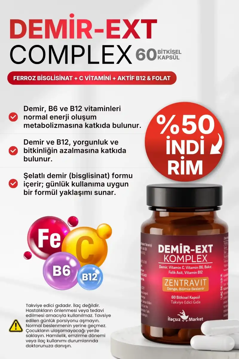 DEMİR-EXT KOMPLEX (Ferroz Bisglisinat) 60 Bitkisel Kapsül %50 İNDİRİM