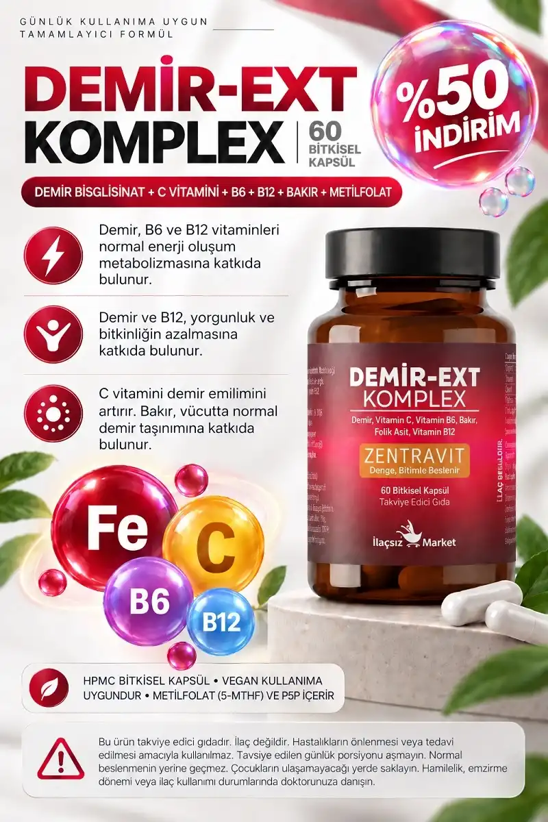 Demir Ext Komplex (Ferroz Bisglisinat) 60 Kapsül / %50 İNDİRİM