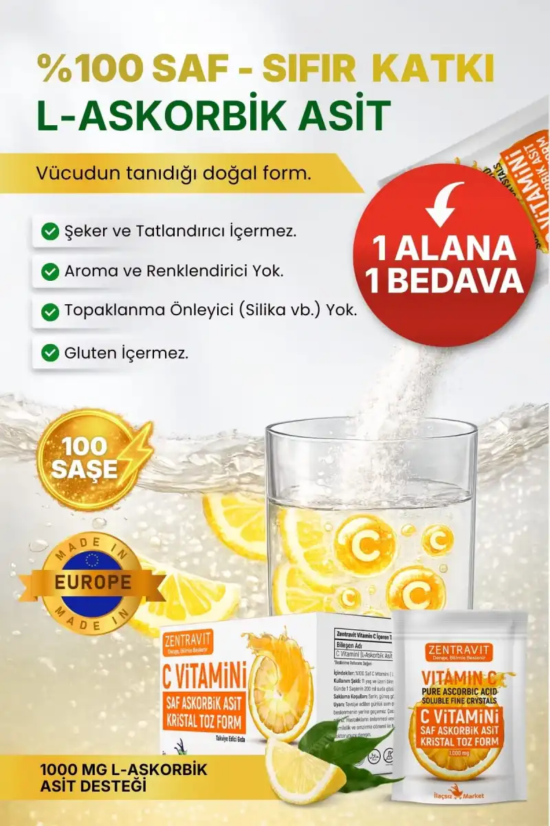 Zentravit %100 Saf C Vitamini (L-Askorbik Asit) Saşe Form 1 Alana 1 Bedava