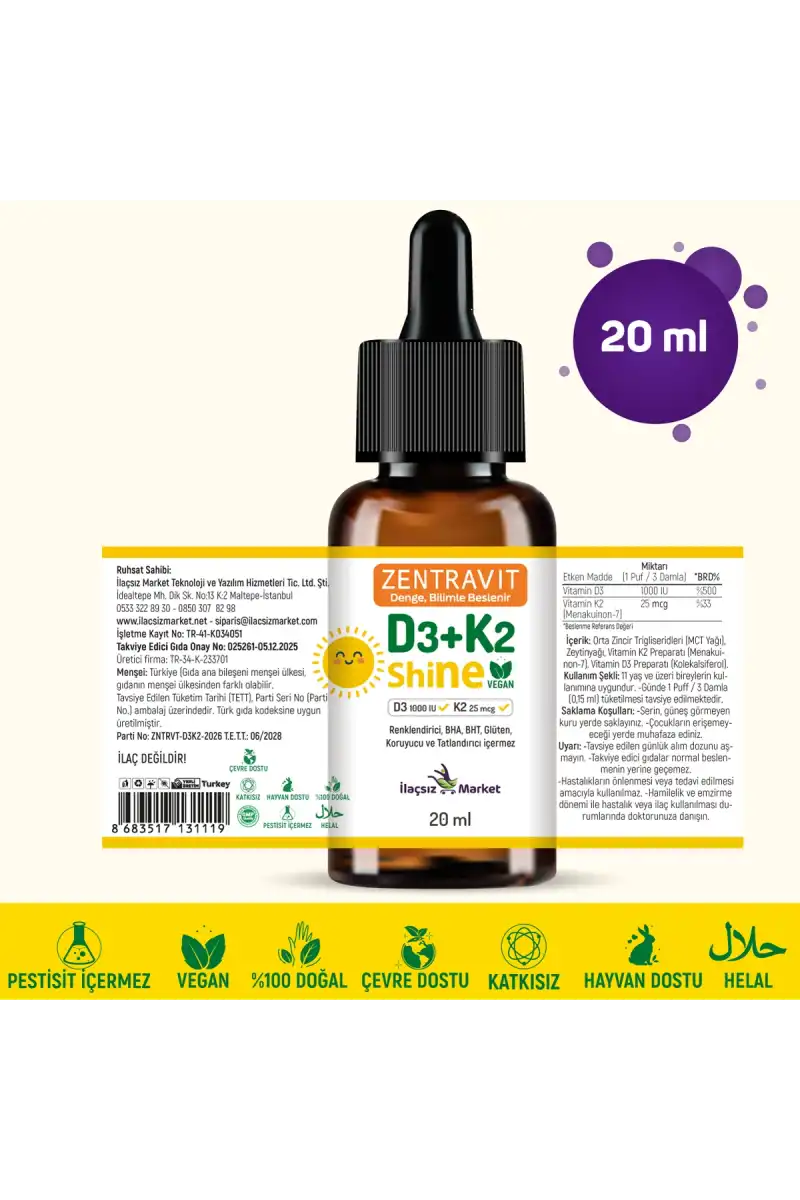 Zentravit Shine Vegan Vitamin D3 + K2 (Liken Kaynaklı) 20 ml