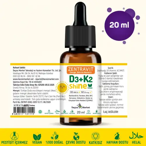Zentravit Shine Vegan Vitamin D3 + K2 (Liken Kaynaklı) 20 ml