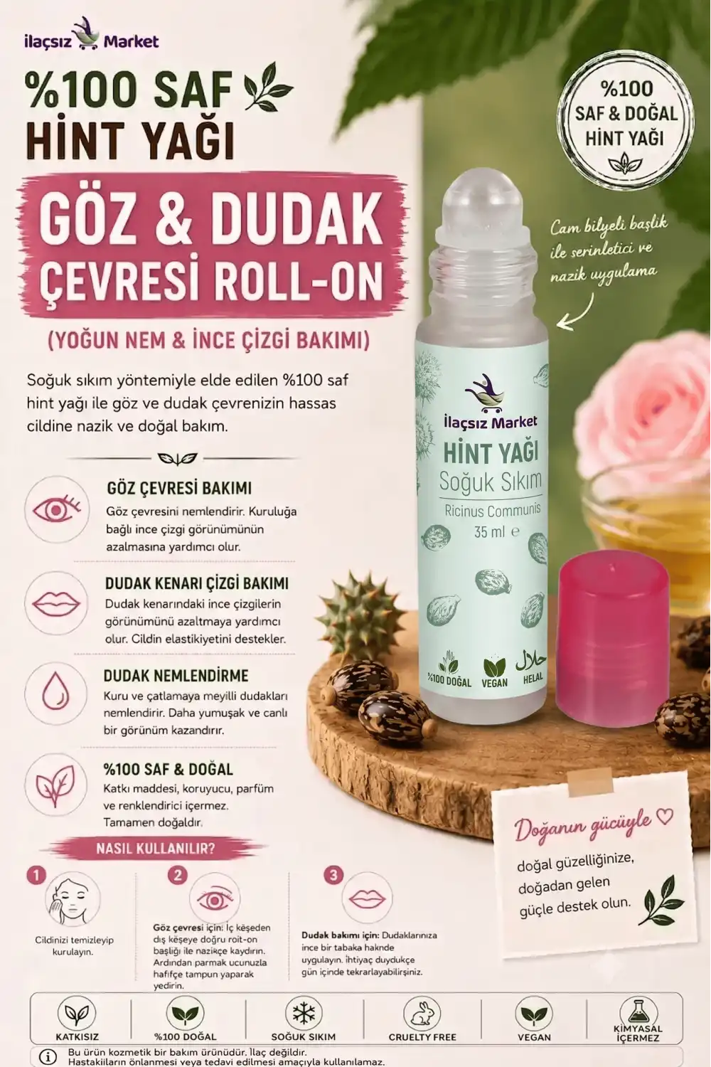 %100 Saf Hint Yağı Göz ve Dudak Çevresi Roll-On - 15 CC