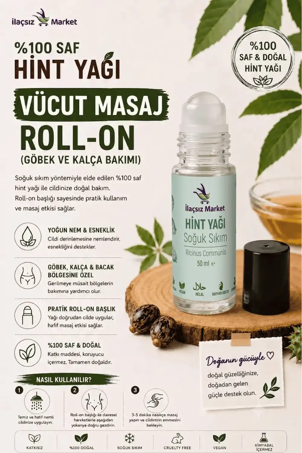 %100 Saf Hint Yağı Vücut Masaj Roll-On (Göbek ve Kalça Bakımı) - 50 CC