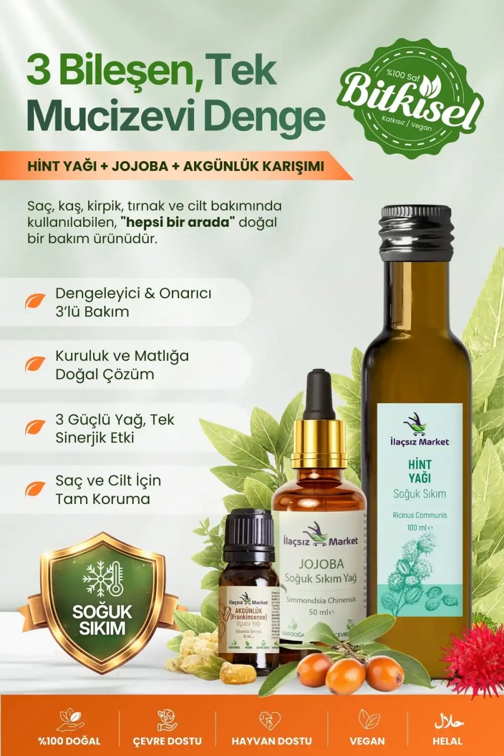 3’lü Sinerji Bakım Seti: Hint, Jojoba ve Akgünlük Yağı (%100 Saf & Soğuk Sıkım)
