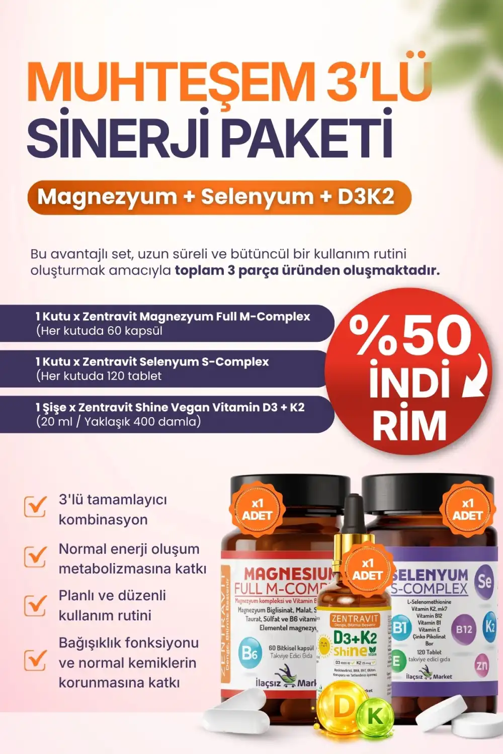 3lü Sinerji Paketi: Magnezyum M-Complex + Selenyum S-Complex + Vegan D3K2