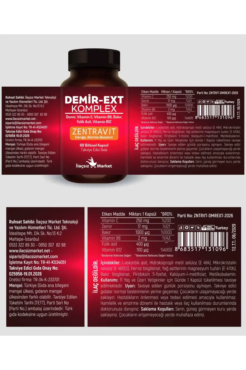 ZENTRAVIT DEMİR-EXT KOMPLEX (Ferroz Bisglisinat) 60 Bitkisel Kapsül