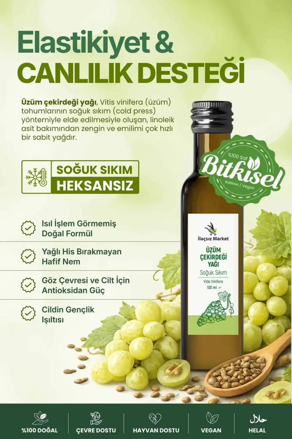 Üzüm Çekirdeği Yağı Soğuk Sıkım (Grape Seed) – Vitis Vinifera / 100 ml