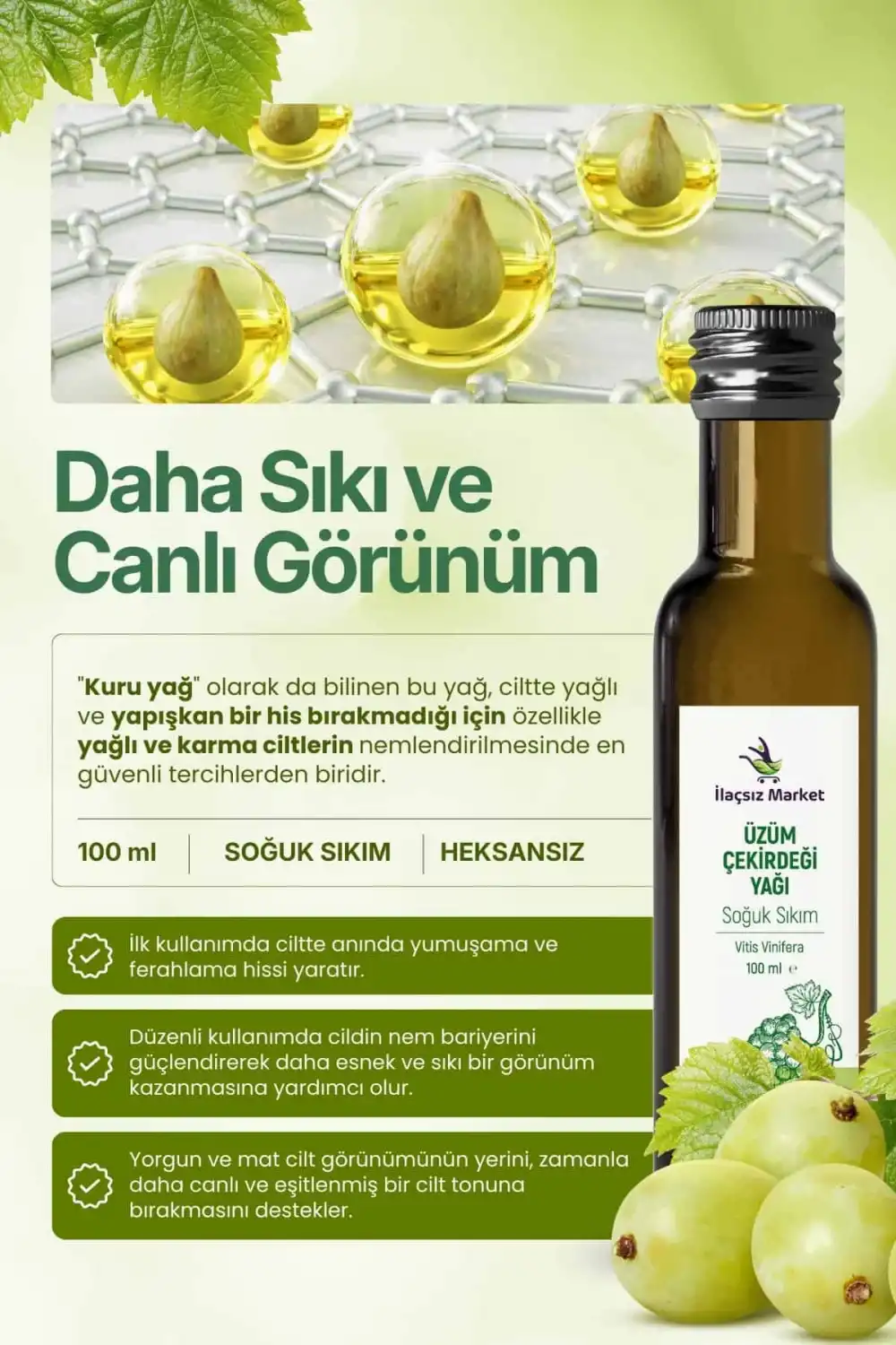 Üzüm Çekirdeği Yağı Soğuk Sıkım (Grape Seed) – Vitis Vinifera / 100 ml