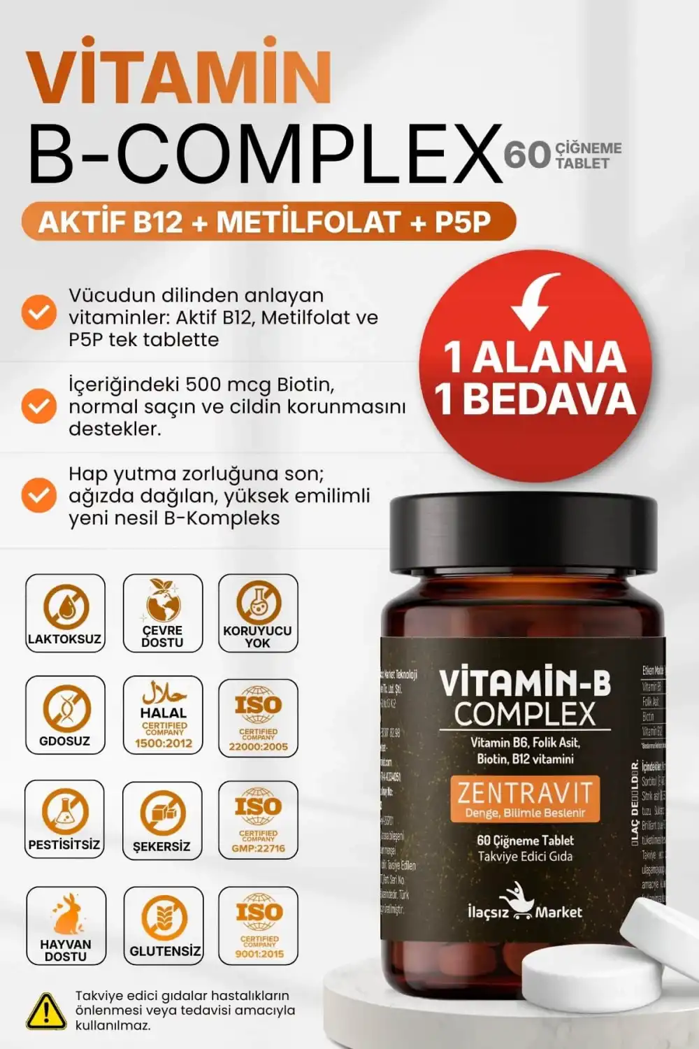 B COMPLEX VİTAMİN (Aktif B12 + Metilfolat + P5P + Biotin + B5) / 60 Çiğneme Tableti