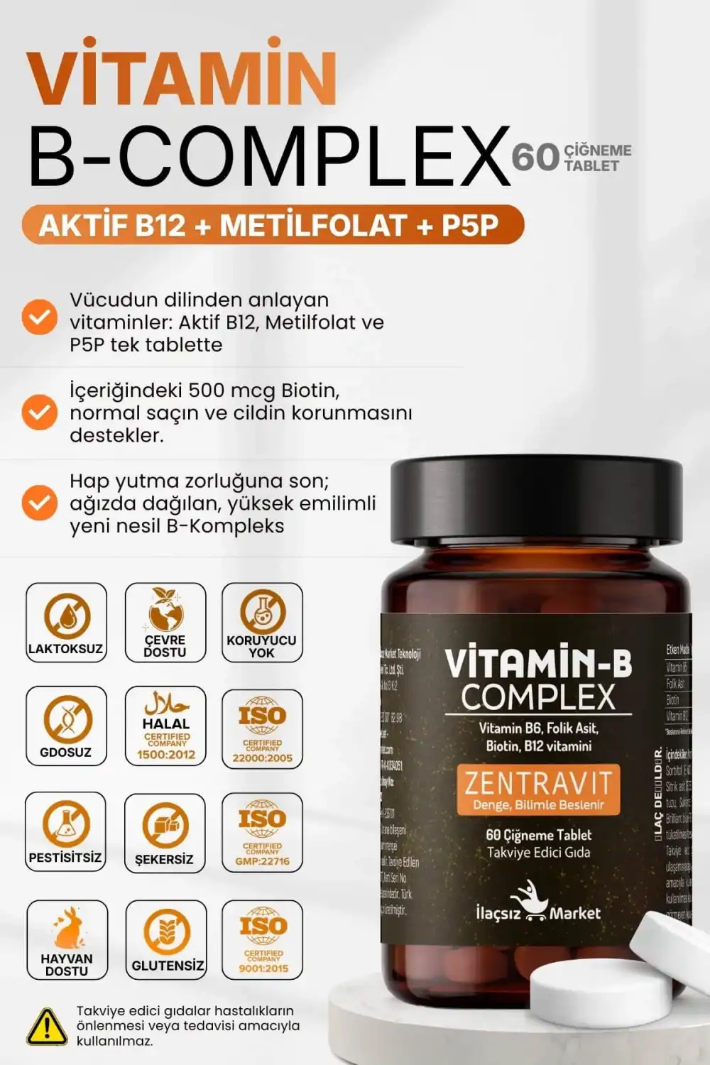B COMPLEX VİTAMİN (Aktif B12 + Metilfolat + P5P + Biotin + B5) / 60 Çiğneme Tableti