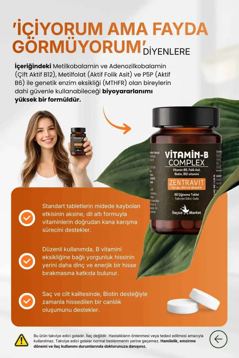 B COMPLEX VİTAMİN (Aktif B12 + Metilfolat + P5P + Biotin + B5) / 60 Çiğneme Tableti