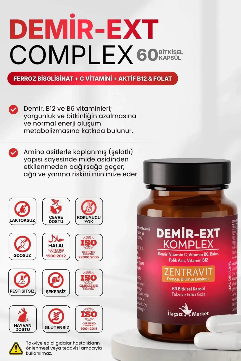 DEMİR-EXT KOMPLEX (Ferroz Bisglisinat) 60 Bitkisel Kapsül