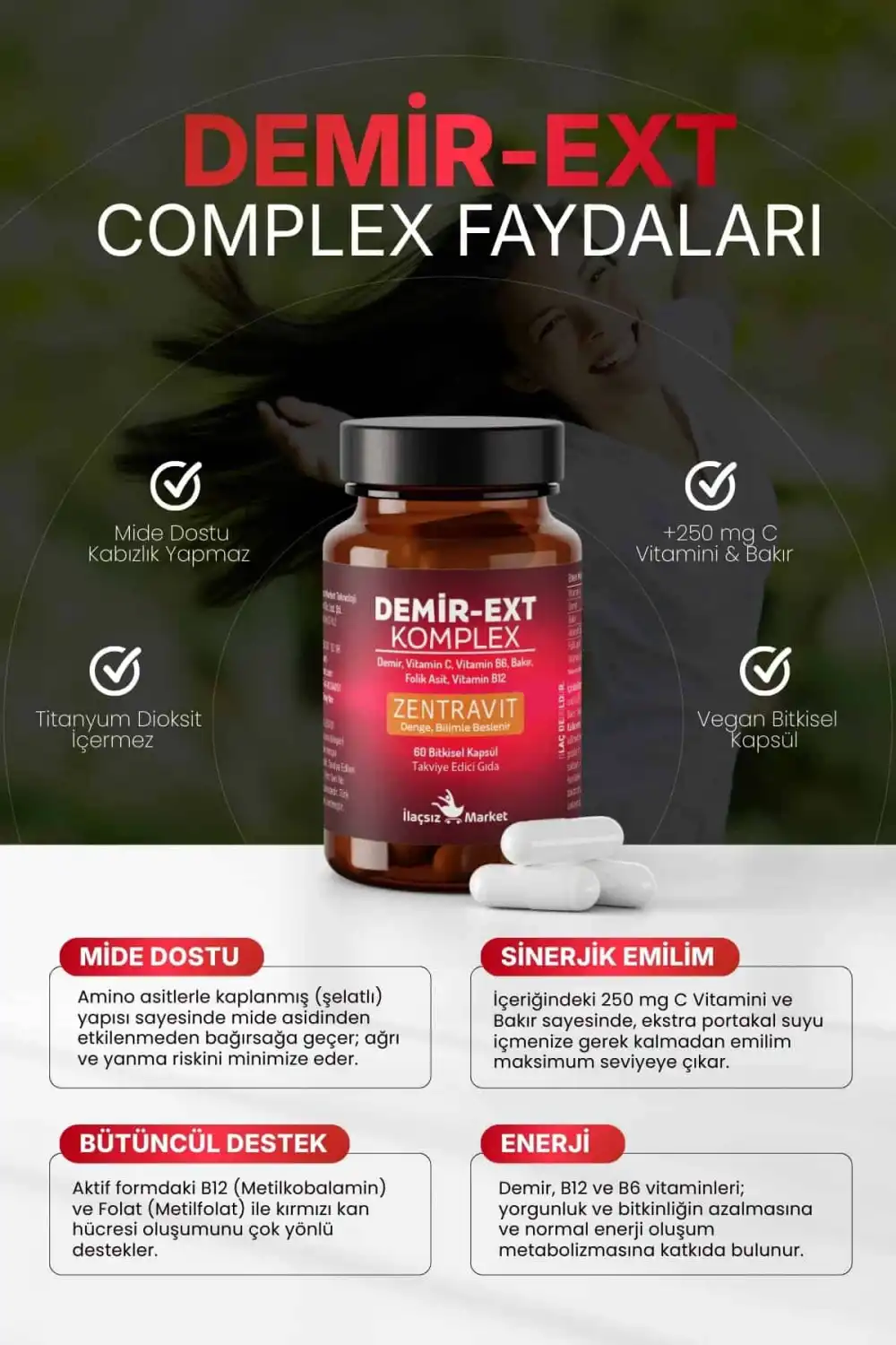 DEMİR-EXT KOMPLEX (Ferroz Bisglisinat) 60 Bitkisel Kapsül