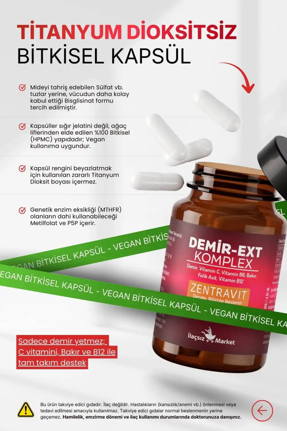 DEMİR-EXT KOMPLEX (Ferroz Bisglisinat) 60 Bitkisel Kapsül