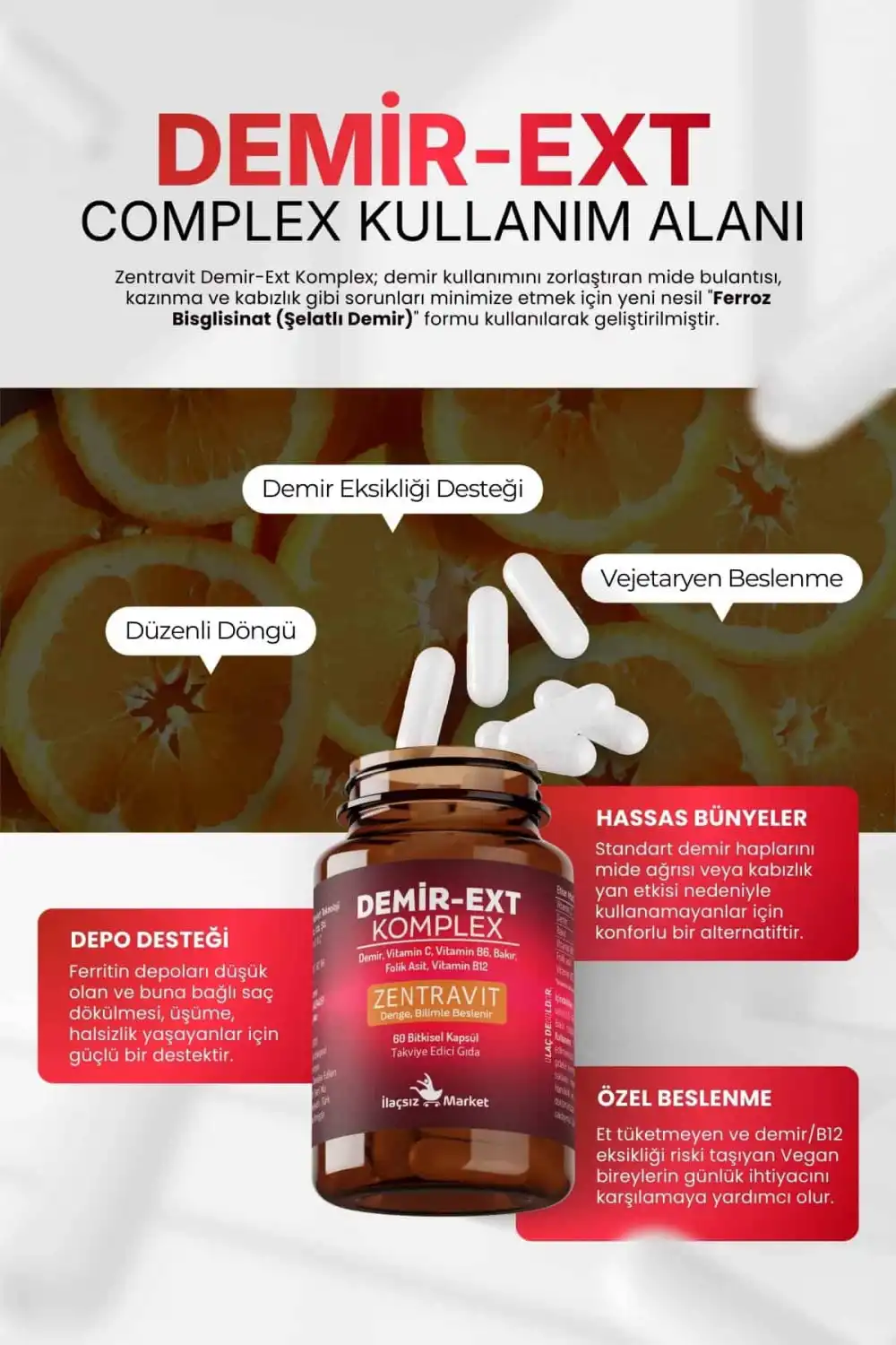 DEMİR-EXT KOMPLEX (Ferroz Bisglisinat) 60 Bitkisel Kapsül