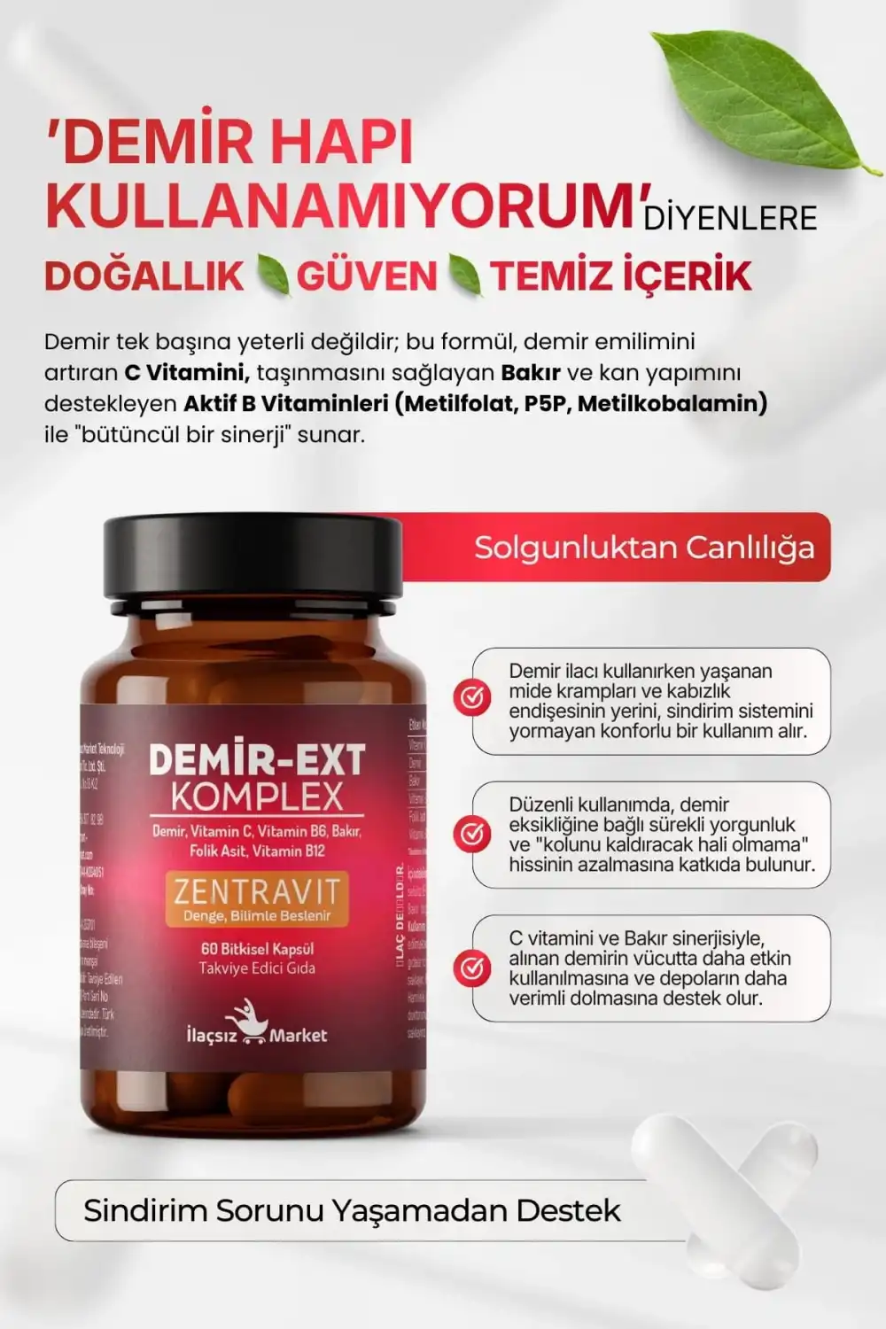 DEMİR-EXT KOMPLEX (Ferroz Bisglisinat) 60 Bitkisel Kapsül