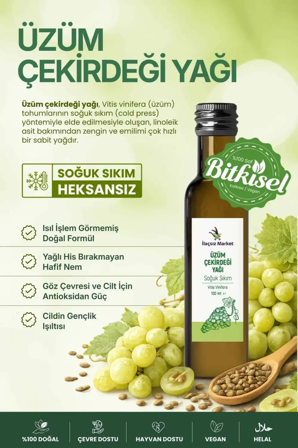 Üzüm Çekirdeği Yağı Soğuk Sıkım (Grape Seed) – Vitis Vinifera / 100 ml