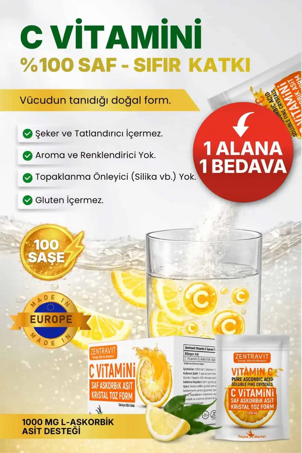 Zentravit %100 Saf C Vitamini (L-Askorbik Asit) Saşe Form 1 Alana 1 Bedava