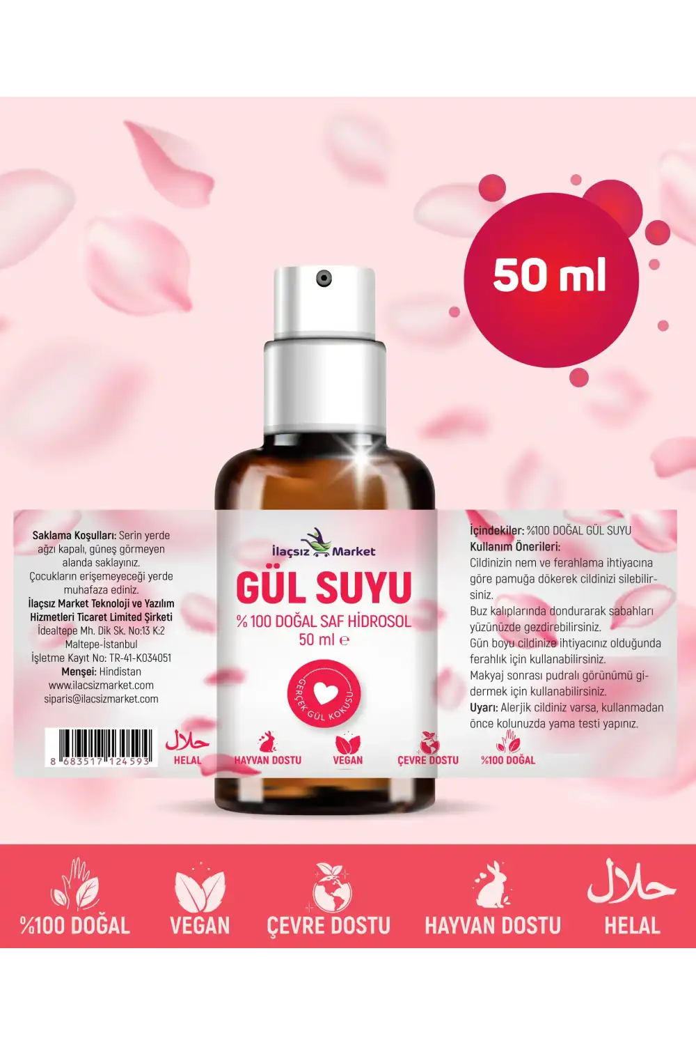 DOĞAL GÜL SUYU (Hindistan Menşeili & Yağı Alınmamış Saf Hidrosol) / 50 ml