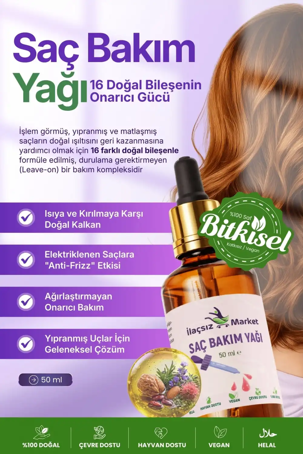 SAÇ BAKIM YAĞI (16 Doğal Bileşenli Bakım Kompleksi) / 50 ml