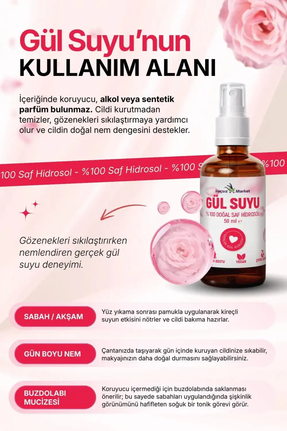 DOĞAL GÜL SUYU (Hindistan Menşeili & Yağı Alınmamış Saf Hidrosol) / 50 ml