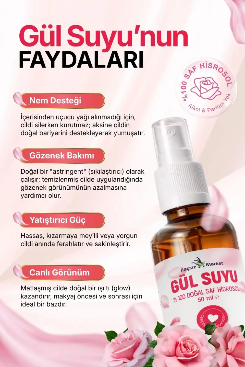 DOĞAL GÜL SUYU (Hindistan Menşeili & Yağı Alınmamış Saf Hidrosol) / 50 ml