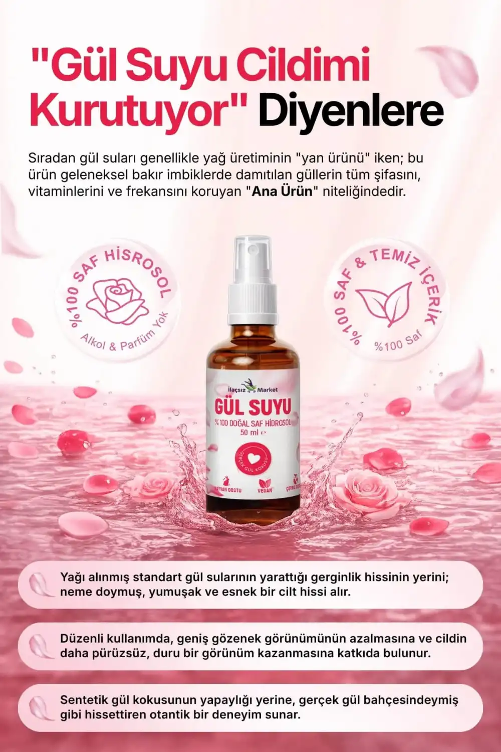 DOĞAL GÜL SUYU (Hindistan Menşeili & Yağı Alınmamış Saf Hidrosol) / 50 ml