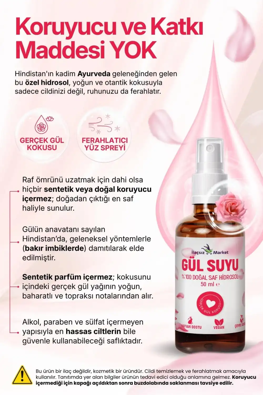 DOĞAL GÜL SUYU (Hindistan Menşeili & Yağı Alınmamış Saf Hidrosol) / 50 ml